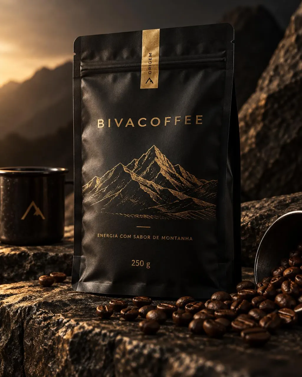 Representação ilustrativa da embalagem preta do BIVACOFFEE ORIGEM 250 g com montanha dourada